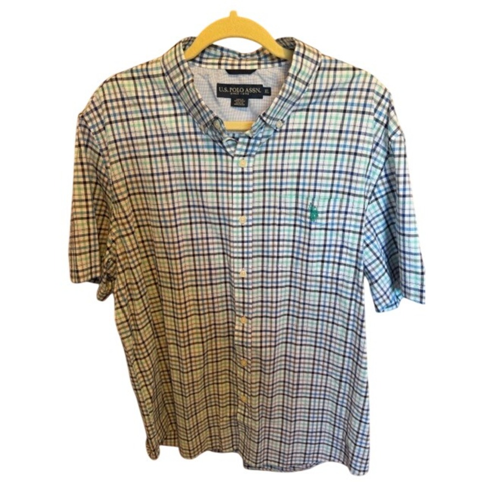 US Polo Assn Mens XL Plaid Short Sleeve Button Down Shirt Blue Green